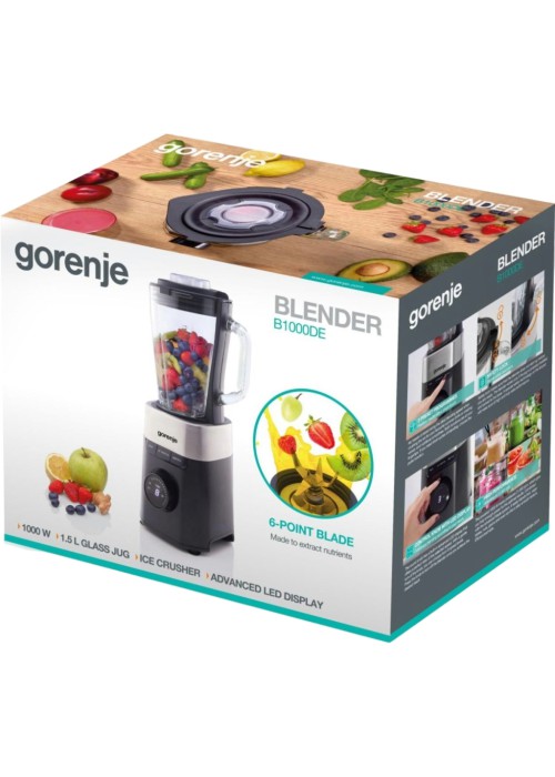 Блендер Gorenje стаціонарний 1000Вт, чаша-1500мл, скло, чорний (B1000DE)